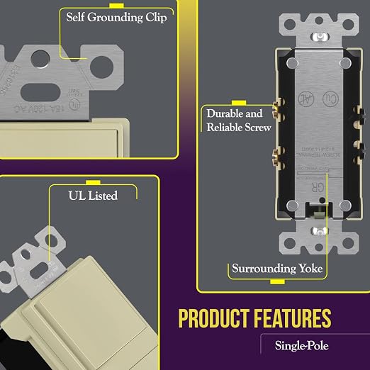 ENERLITES Ivory Double Paddle Decorator Single Pole Switch, 15A, 1 Pack
