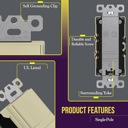 ENERLITES Ivory Double Paddle Decorator Single Pole Switch, 15A, 1 Pack