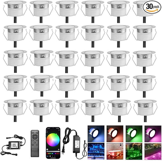 Smart WiFi LED Deck Lights 30 Pack, APP Control RGB Outdoor Lighting for Patio Deck Steps Landscape, Φ1.22" Low Voltage 12V Recessed Deck Lights Waterproof IP67,Compatible with Alexa/Google Home