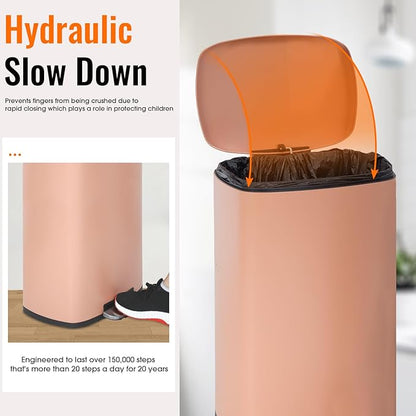 FDW | 13 Gallon Trash Can with Lid | Pink | Fingerprint-Proof | Made of Brushed Stainless Steel | Soft-Close Step Pedal | Hands-Free Use | Easy to Clean | for Kitchen, Office, Bathroom