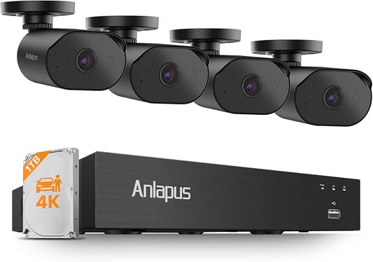 Anlapus 4K 8 Channel Security Camera System, 4 X 8MP Bullet Camera, 1TB HDD