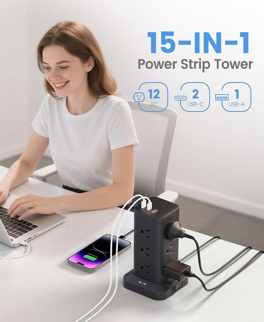 Power Strip Tower with Surge Protector 1800J, Fast Charging Tower PD20W USB-C Ports with 12 AC Outlets, Extension Cord for Home Office Dorm Room, 9.8ft, Black
