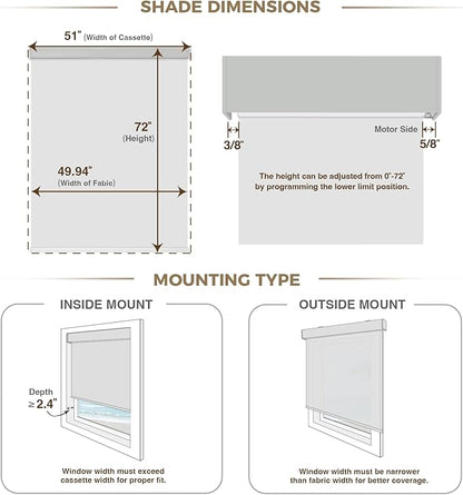HeyBlinds Blackout Motorized Smart Blinds with Remote, Automatic Electric Shades for Windows (Moon Bay- White BO, 51" W x 72" H)
