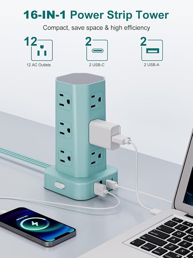 Power Strip Tower Surge Protector, 6FT Flat Plug Extension Cord with Multiple Outlets, 12 AC Outlets 4 USB (2 USB C), Desktop Charging Station with Surge Protection for Home Office Dorm Room, Mint