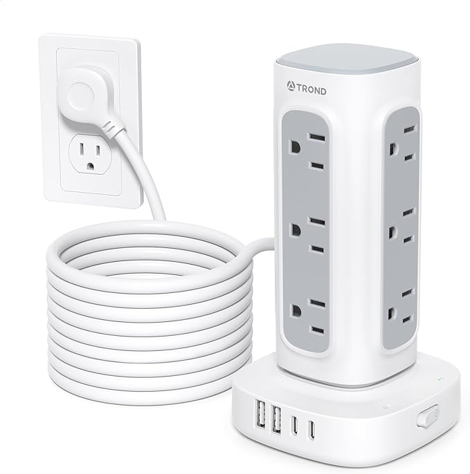 TROND Surge Protector Power Strip Tower - 15ft Flat Plug Extension Cord with Multiple Outlets, 4 USB Ports, Vertical Charging Station, 1700 J, Home Office Desk Supplies, Dorm Room Essentials, White