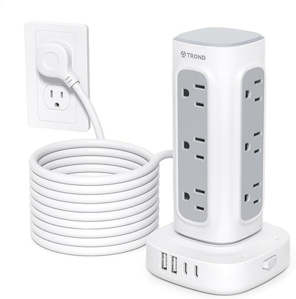 TROND Surge Protector Power Strip Tower - 15ft Flat Plug Extension Cord with Multiple Outlets, 4 USB Ports, Vertical Charging Station, 1700 J, Home Office Desk Supplies, Dorm Room Essentials, White