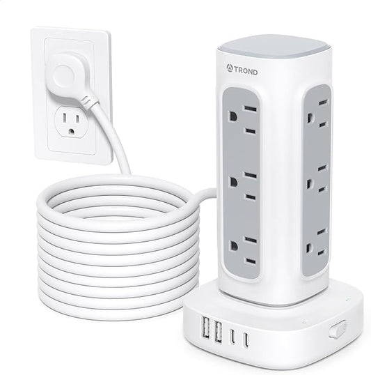 TROND Surge Protector Power Strip Tower - 15ft Flat Plug Extension Cord with Multiple Outlets, 4 USB Ports, Vertical Charging Station, 1700 J, Home Office Desk Supplies, Dorm Room Essentials, White
