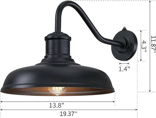 13.8'' Diameter Large Dusk to Dawn Outdoor Gooseneck Barn Light 2 Packs, Outdoor Wall Sconce Farmhouse Exterior Light Wall Lighting Fixture Industrial Outside Lantern for Porch, Patio, Garage, Black