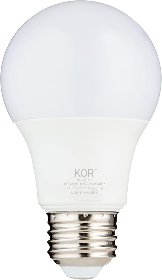 KOR 6 Pack A19 LED Light Bulb, 100W Equivalent, 2700K Warm White, 1500 Lumens, Efficient 15 Watt Replacement Bulbs with E26 Standard Base, 10000 Long Life Hours, Non-Dimmable, 80+ CRI, UL Listed