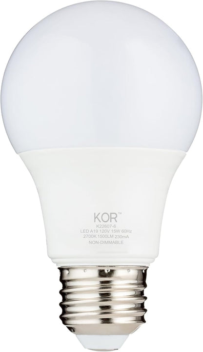 KOR 6 Pack A19 LED Light Bulb, 100W Equivalent, 2700K Warm White, 1500 Lumens, Efficient 15 Watt Replacement Bulbs with E26 Standard Base, 10000 Long Life Hours, Non-Dimmable, 80+ CRI, UL Listed
