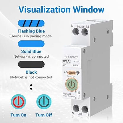 WiFi Circuit Breaker, 1P+N 63A 230V Smart Home Wireless Remote Control Switch Timer Voice Control Compatible with Smart Life TUYA APP DIN Rail Mounted