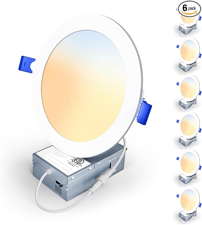 6 Pack 6 Inch 5CCT LED Recessed Light, Silm Canless Recessed Lighting, Dimmable, Damp Rated, 2700K-5000K Selectable, Wafer Ceiling Downlight with Junction Box, 1200LM, 12W 120V, ETL&FCC