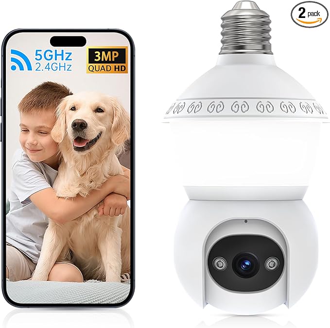 Smart Light Bulb Security Camera,5G&2.4G Security Cameras Wireless Outdoor,2K Light Bulb Camera, 360° Camera for Home Security,AI Detection,Smart Night Vision, Two-Way Audio (White 3 Packs)
