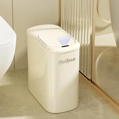 MRBIN Metal Motion Sensor Bathroom Trash Can with Lid and Wheels, 10L/2.6gal Automatic Removable Slim Electric Narrow Waste Basket for Near Desk Office, Bedroom, Kitchen, Rv, White