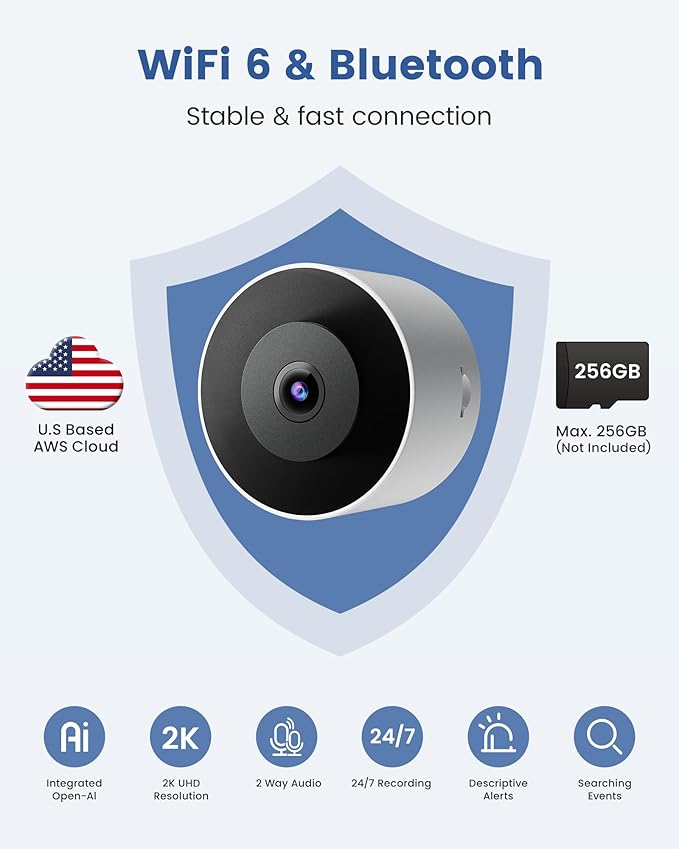 3MP 2K Window Camera, 2.4GHz WiFi 6 Window Security Camera, Blacklight Full-Color Night Vision, Smart AI Detection & Descriptive Alert, 24/7 Recording, No-Drill Magnetic Mount, 2 Packs