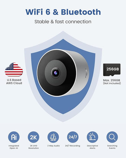 3MP 2K Window Camera, 2.4GHz WiFi 6 Window Security Camera, Blacklight Full-Color Night Vision, Smart AI Detection & Descriptive Alert, 24/7 Recording, No-Drill Magnetic Mount, 2 Packs