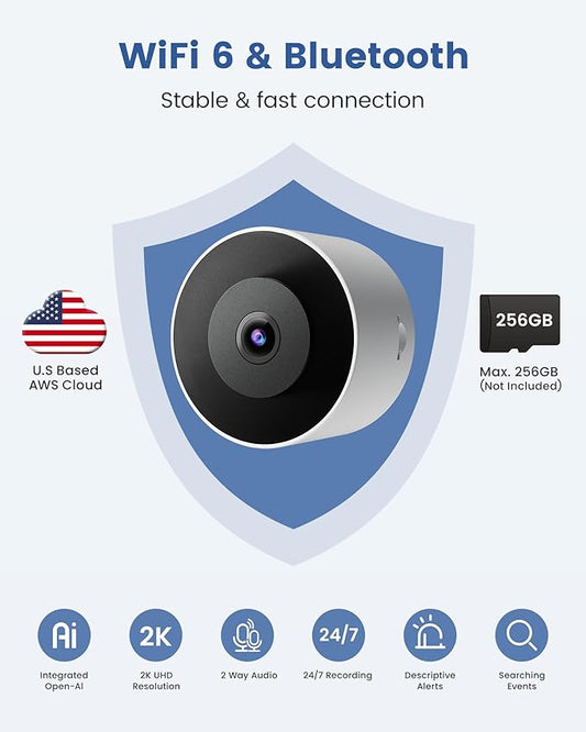 3MP 2K Window Camera, 2.4GHz WiFi 6 Window Security Camera, Blacklight Full-Color Night Vision, Smart AI Detection & Descriptive Alert, 24/7 Recording, No-Drill Magnetic Mount, 2 Packs
