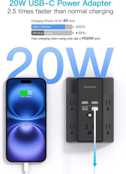 One Beat Surge Protector Wall Outlet Extender, 5 Outlets & 4 USB Ports (20W USB-C PD), 1680J, 3-Sided Multi Plug Outlet Adapter, Outlet Splitter, Wall Mount, ETL Listed for Home Office Travel-Black