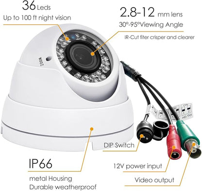 Analog CCTV Camera HD 1080P 4-in-1 (TVI/AHD/CVI/CVBS) Security Dome Camera Outdoor, 2.8mm-12mm Manual Focus/Zoom Varifocal Lens, Weatherproof Metal Housing 36 IR-LEDs Day & Night Monitoring (White)