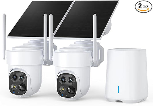 Solar Security Cameras Wireless Outdoor 2-Pack with NVR, Dual-Lens 4K (2K+2K) PTZ Camera System, AI Human & Vehicle Detection, Color Night Vision, WiFi Remote Viewing, No Monthly Fee (CWS01)
