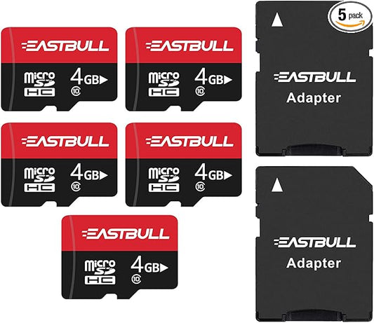 EASTBULL 4GB 5-Pack of Micro SD Cards, 4GB SD Cards Pack Full HD Video 90MB/s UHS-I U1 Micro SDHC Class 10 for Surveillance Security Cam (5 Units and 2 Adapters)