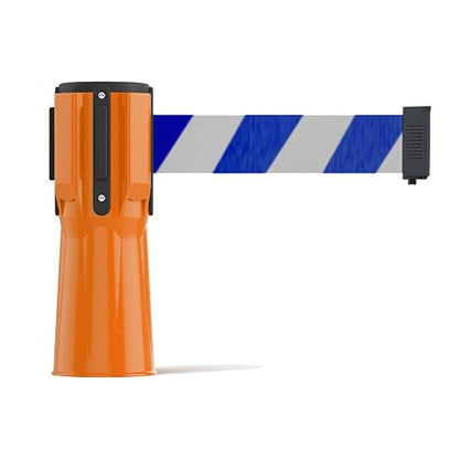 Trafford Industrial 11 Ft. Cone-Mounted Retractable Belt Barrier Orange Case with Blue and White Diagonal Belt