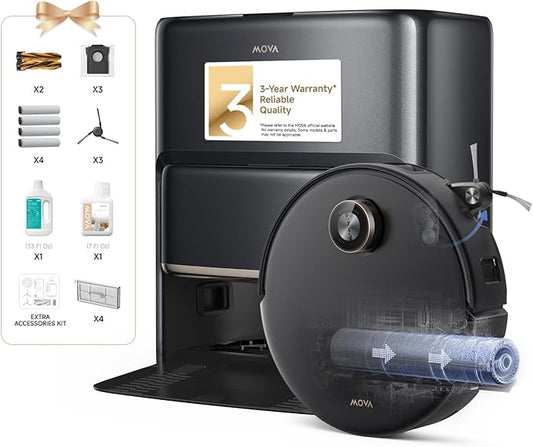 Mova Z60 Ultra Roller Complete Robot Vacuum and Mop, 28,000Pa Suction, 3.14in Obstacle Crossing, AutoShield for Carpet Protection, Zero Tangling Duobrush, Extendable Roller & Side Brush