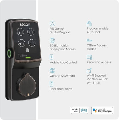 Lockly Secure Pro Wi-Fi Smart Door Lock, Keyless Entry with PIN Genie® Digital Keypad, 3D Biometric Fingerprint Sensor Front Door Lock Deadbolt, Voice Control & Auto Lock - Left Fingerprint Edition