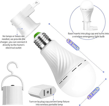 Emergency Rechargeable Light Bulbs, Stay Lights Up When Power Failure, 1500mAh 12W 60W Equivalent LED Light Bulbs for Home, Camping, Hiking (with Hook,with Plug Cap,with socket adapter) 6 Pack