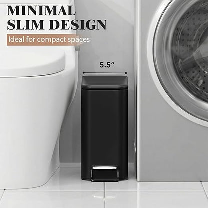 Small Bathroom Trash Can w/Lid Soft Close, 6 Liter/1.6 Gallon Stainless Steel Garbage Can w/Inner Bucket, Trash Bin Waste Basket for Kitchen, Bedroom, Living Room, Office, Toilet, Black
