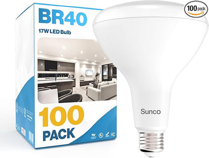 Sunco 100 Pack BR40 LED Light Bulbs, Indoor Flood Lights, Recessed Can Light Bulb, 1400 LM, 17W (100W Equivalent), 3000K Warm White, Dimmable, E26 Base, for Home, Bedroom, Kitchen UL.