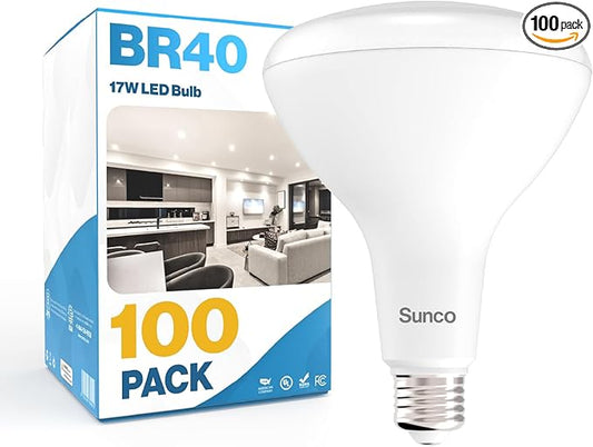 Sunco 100 Pack BR40 LED Light Bulbs, Indoor Flood Lights, Recessed Can Light Bulb, 1400 LM, 17W (100W Equivalent), 3000K Warm White, Dimmable, E26 Base, for Home, Bedroom, Kitchen UL.