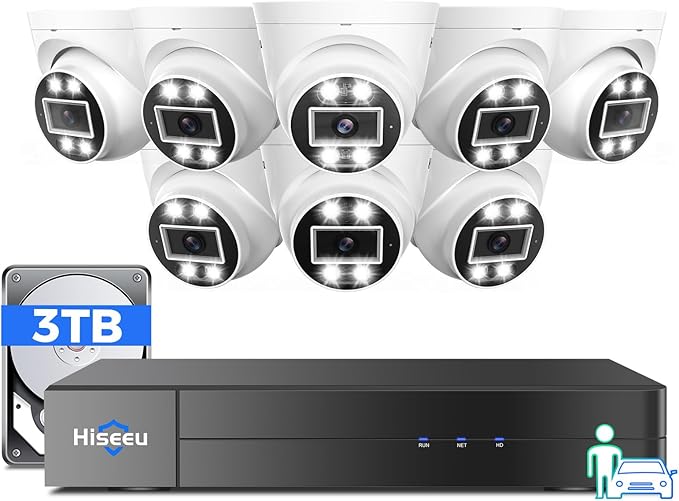 [121°Wide View] Hiseeu 4K PoE Security Camera System, 8 PoE 5MP Cameras Outdoor&Indoor, Human Vehicle Detect, Color Night Vision, 2 Way Audio, 7/24 Record, No Monthly Fee,CCTV Surveillance NVR Kit