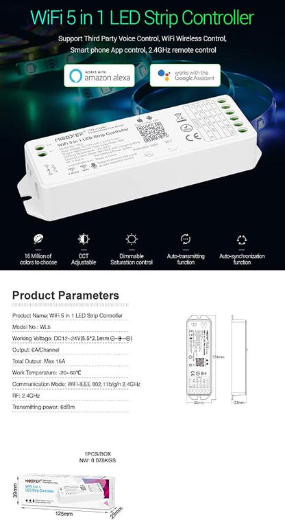 LGIDTECH Miboxer WL5(YL5 VUP) LED Strip Light 5 in 1 Controller for 5050 3528 2835,Smartphone APP Control Without Extra Hub.Amazon Alexa Google Home Assistant Voice Control,DC12-24V,180W-360W