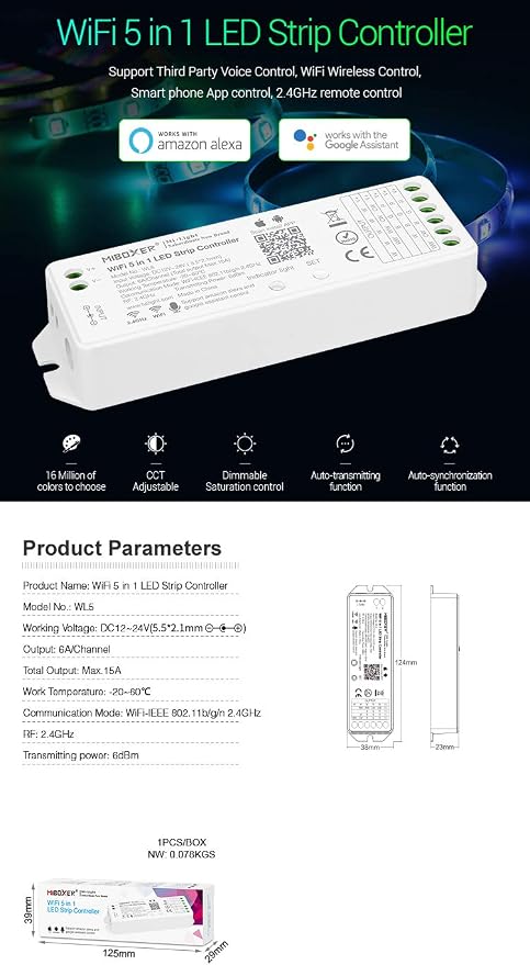 LGIDTECH Miboxer WL5(YL5 VUP) LED Strip Light 5 in 1 Controller for 5050 3528 2835,Smartphone APP Control Without Extra Hub.Amazon Alexa Google Home Assistant Voice Control,DC12-24V,180W-360W