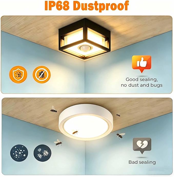 Outdoor Ceiling Light with Motion Sensor, IP65 Waterproof 6.3 inch Porch Lights Outdoor, 20W 3000K LED Square Exterior Wall Lamp for Patio Balcony Terrace