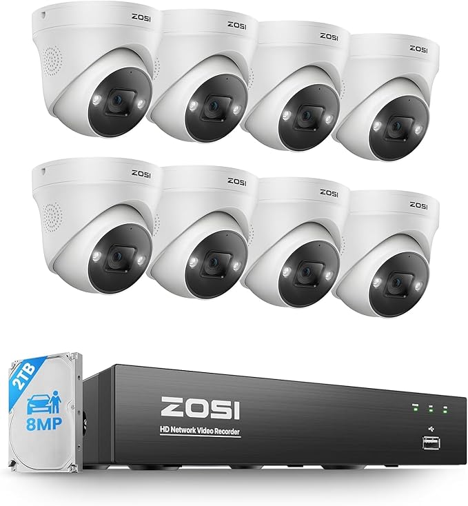 ZOSI 4K POE CCTV Security Camera System,8pcs 4K POE Camera with AI Person Vehicle Detection, 8 Ports 16CH 8MP NVR with 2TB HDD for 24/7 Recording,Color Night Vision, Sound Light Alarm, Two-Way Audio