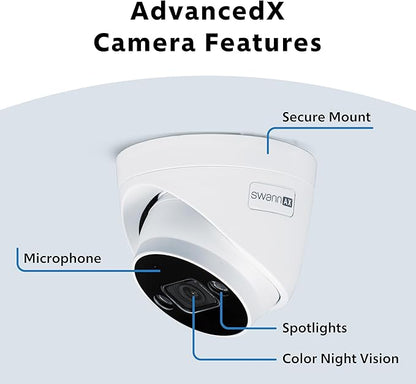 Swann AdvancedX 4K Wired NVR Security Camera System, 16 Channel with 8 Dome PoE Cameras, 2TB HDD Storage, Color Night Vision with Spotlight, Smart Video Analytics, Indoor Outdoor Business Surveillance