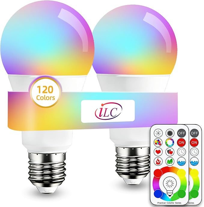 ILC LED Color Changing Light Bulb, 120 Colors, 5700K Daylight White, 70 Watt Equivalent with Remote Control RGBW RGB Daylight and White – Timing Function - A19 E26 Edison Screw (2 Pack)