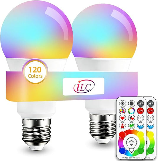 ILC LED Color Changing Light Bulb, 120 Colors, 5700K Daylight White, 70 Watt Equivalent with Remote Control RGBW RGB Daylight and White – Timing Function - A19 E26 Edison Screw (2 Pack)