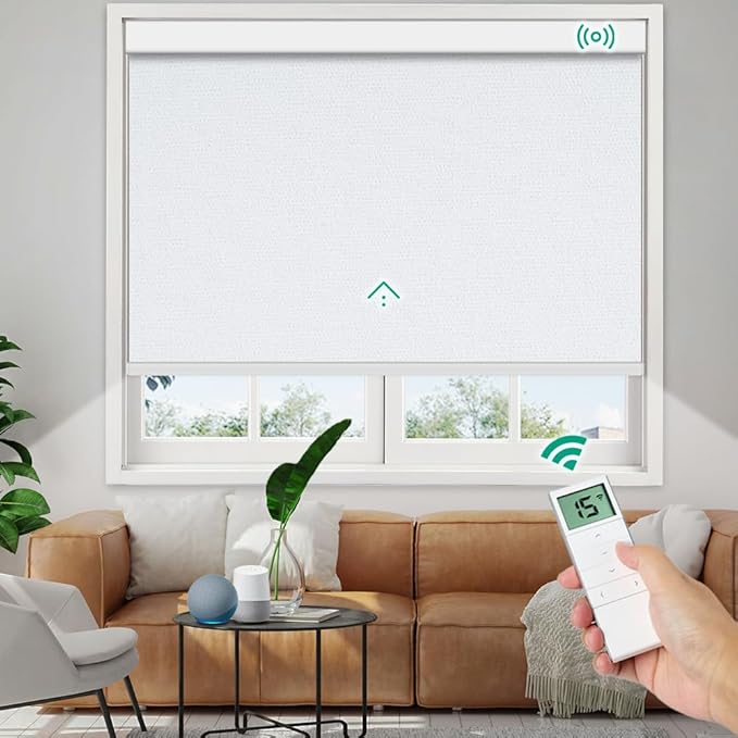 Motorized Roller Shades, 10O% Blackout Remote Control Custom Window Shades Compatible with Alexa Google Assistant via RF Hub, Rechargeable Electric Blinds for Windows (Fabric Greyish White)