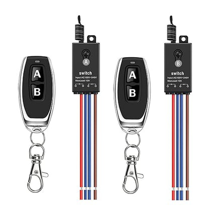 2 Way Mini Remote Control Switch,AC 110V/120V/220V/240V/10A Relay ON/Off Switch with 328FT Long Range,Wireless RF Switch for Pump,Lamps,LED Lights,Fans(2 Remote Controls,2 Receivers)