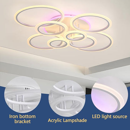 80W LED Ceiling Light, Dimmable 8-Ring Flush Mount Fixture, White | 41.3" Modern Ceiling Light with Remote, 4800LM, 3000K-6000K Tunable White & 3-Color Backlight for Living Room Bedroom Kitchen