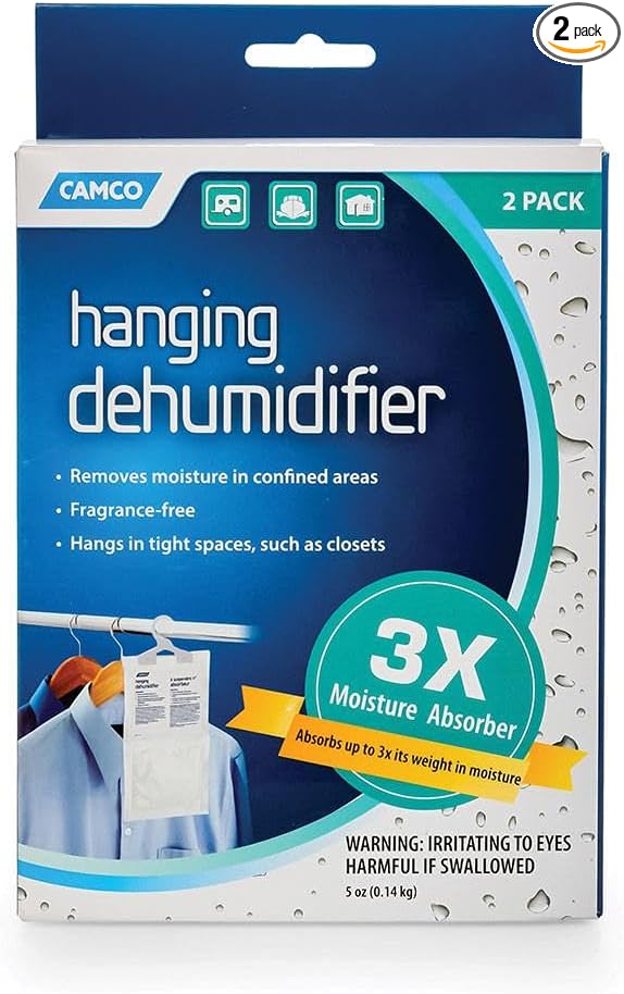 Camco 44286 Fragrance Free Hanging Dehumidifier-Convenient Hook Absorbs up to 3x Its Weight in Water, Reduces Moisture and Humidity in Closets and Tightly Confined Spaces, 2 Pack
