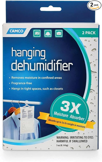 Camco 44286 Fragrance Free Hanging Dehumidifier-Convenient Hook Absorbs up to 3x Its Weight in Water, Reduces Moisture and Humidity in Closets and Tightly Confined Spaces, 2 Pack