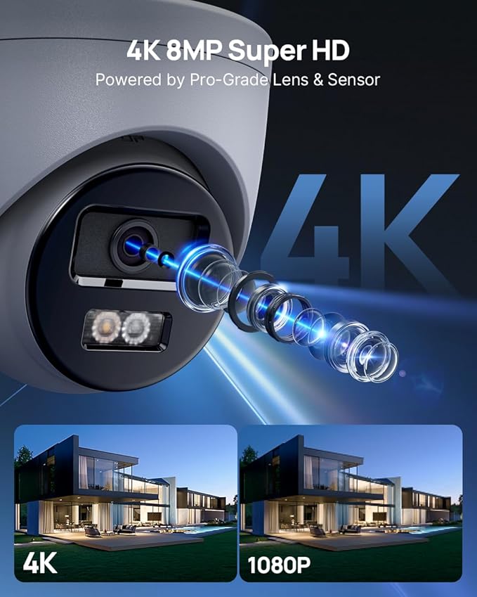 ANNKE C800 4Pcs Ultra HD 4K PoE Security Cameras with AI Human/Vehicle Detection, 8MP Turret IP Camera with Audio, Spotlight Color Night Vision, H.265+, IP67 Weatherproof, Support 512GB Micro SD