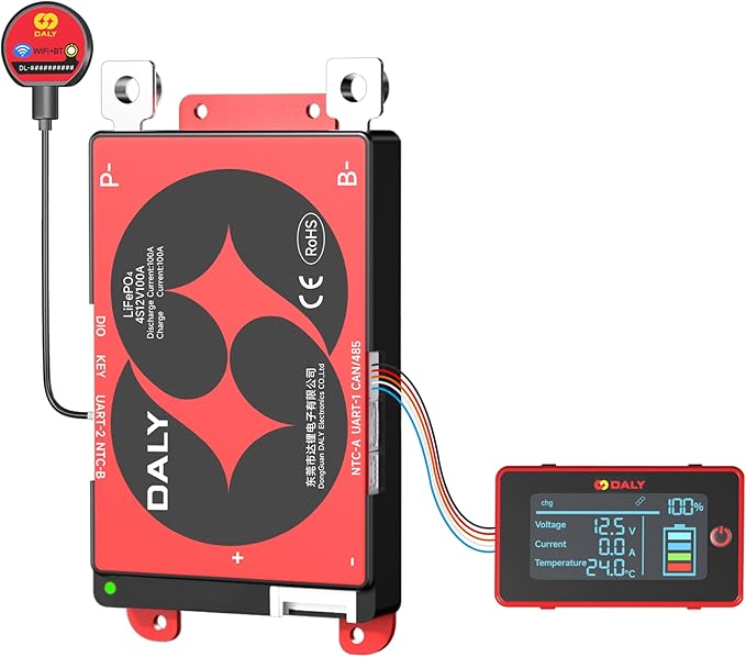 DALY BMS 12V 4S 100A Display - Smart BMS with 3 Inch LCD Screen WiFi Bluetooth Module Supports RS485 CAN for 12V LiFePO4 for RV Trolling Motor Battery Portable Power Station