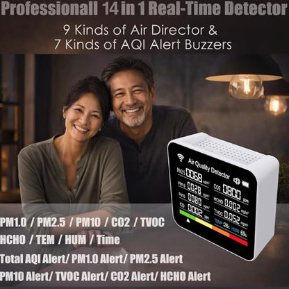 Professional Indoor Air Quality Monitor, 14 in 1 Portable Smartair Quality Tester for CO2 | CO | TVOC | HCHO | Temp | AQI | PM0.3-1 Detection Hum for Home Cars Plants, Pets, Car, Hotel