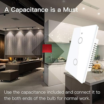 MOES Touch Wall Single Live Wire Smart Switch，No Neutral Wire Needed, 2.4GHz WiFi RF433 Light Switch Works with Smart Life/Tuya App, Alexa and Google Home, Single Pole 110V, White 2 Gang