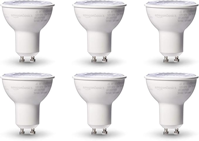 Amazon Basics MR16 LED Light Bulb, 50W Equivalent, Energy Efficient 7W, GU10 Base, Warm White 3000K, Dimmable, 10,000 Hour Lifetime, 6-Pack
